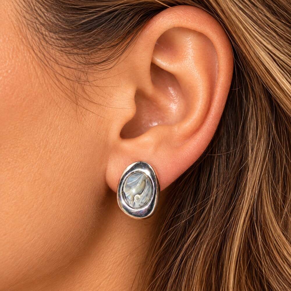 Vintage Silver Tone Abalone Shell Oval Stud Earrings Boho Coastal Minimalist